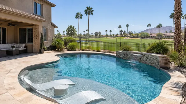 Backyard of a 2000s two-story stucco home in southeast Mesa, Arizona golf community: a remodeled pool with a new baja shelf and travertine coping, view over a view fence toward a green golf fairway and palm trees