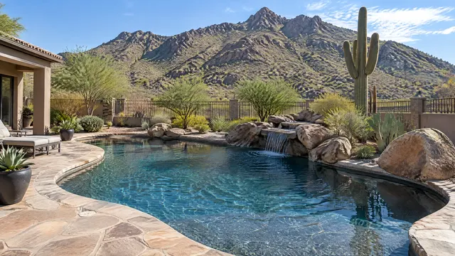 Upscale backyard in a gated foothills community in northeast Mesa, Arizona: freeform pool with dark pebble finish and natural stone coping, desert boulders and saguaro, rugged desert mountains rising directly behind