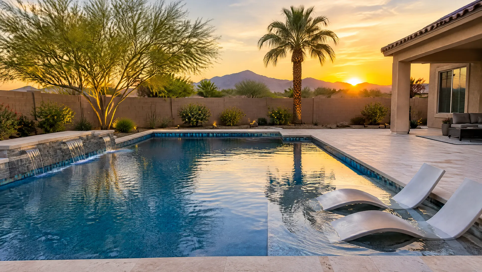Freshly remodeled backyard pool at a single-story Mesa, Arizona stucco home at golden hour: deep blue pebble interior, a band of glass waterline tile, light travertine coping, a sun shelf with two lounge chairs in the water, palo verde and a queen palm along the block wall, desert mountains faint on the horizon