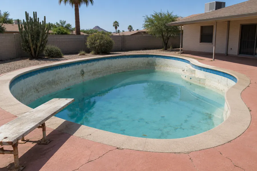Dated 1980s Mesa, Arizona backyard pool before remodeling: stained white plaster, small blue square tile with scale, narrow concrete coping, cracked salmon-colored cool deck, old diving board