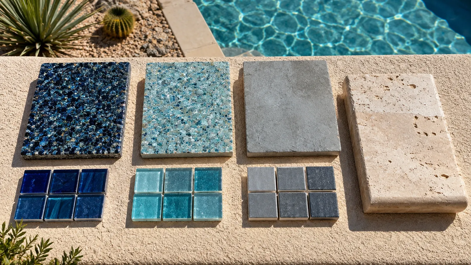 Pool finish selection samples laid out on a sunny stucco ledge: small boards showing pebble, quartz and plaster finishes in midnight blue, aqua and gray, plus glass and porcelain waterline tile chips and a travertine coping piece, top-down view
