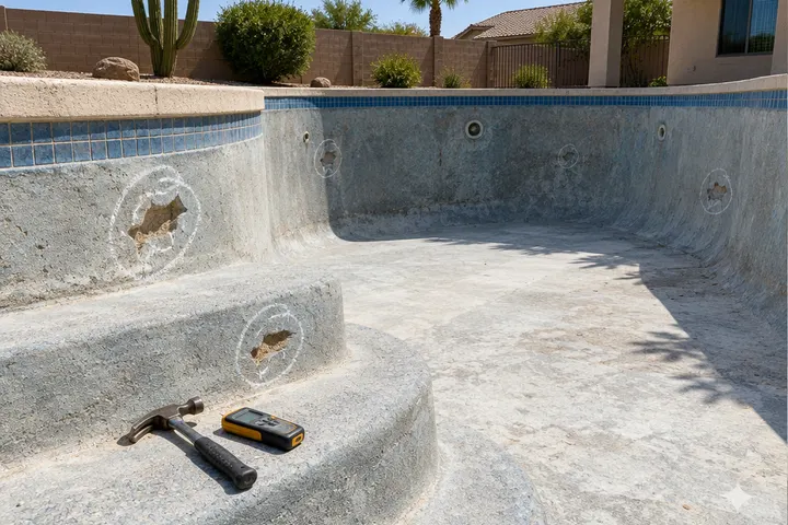 Drained residential pool shell with a contractor's hammer and moisture meter resting on the step, hollow plaster areas marked with chalk circles, no people