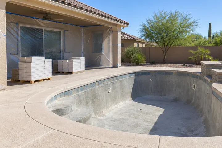 Clean backyard jobsite during a pool remodel in Arizona: plastic sheeting protecting a patio and sliding door, neatly stacked tile boxes with no labels, swept deck, drained pool