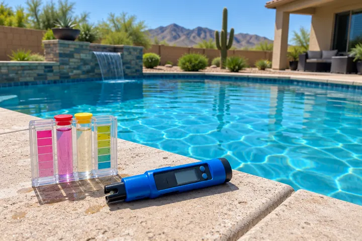 Pool water test kit with color vials and a digital chemistry tester on the coping of a newly filled clear blue pool, no readable labels