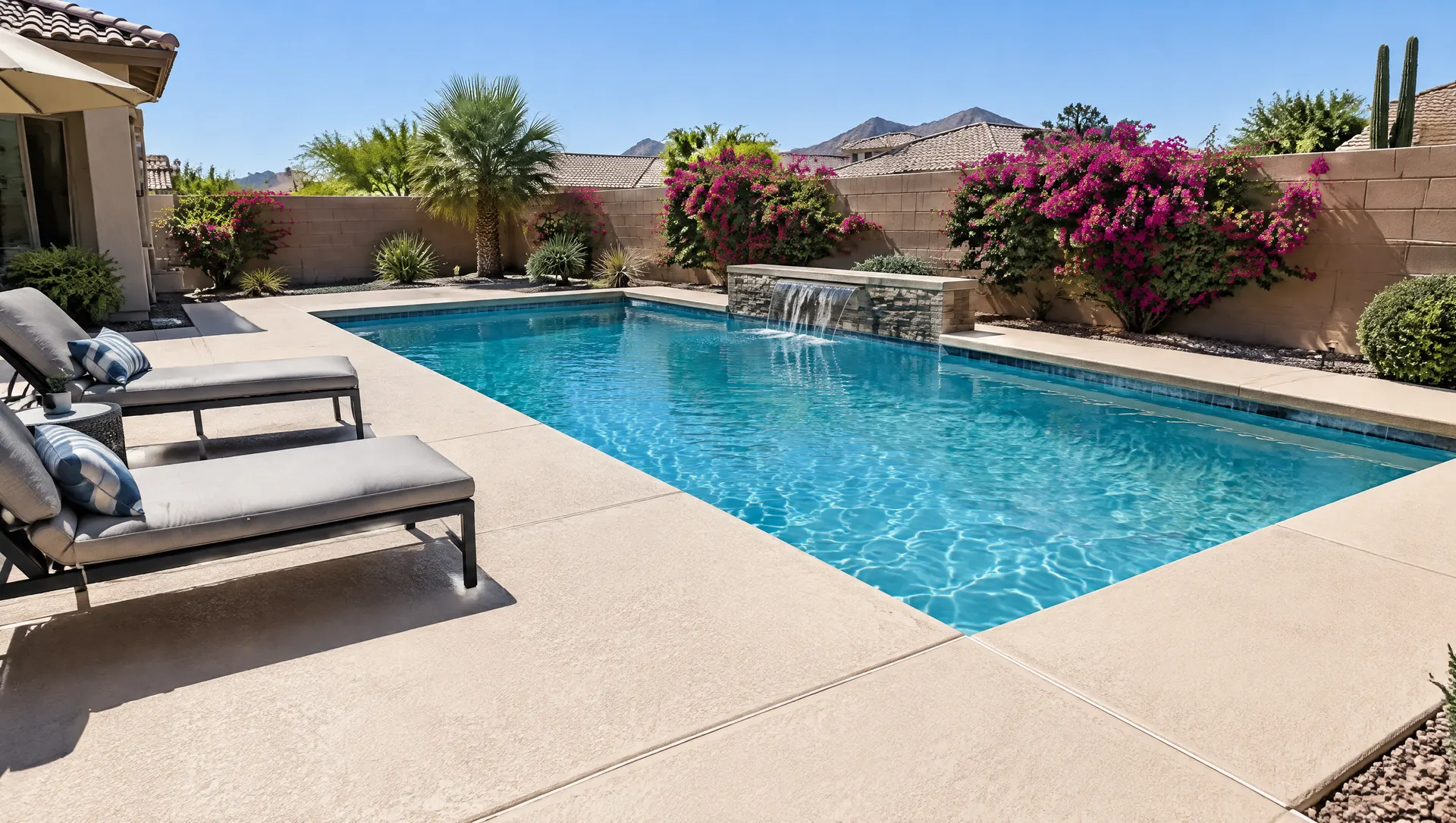 Backyard pool deck in Mesa, Arizona after resurfacing: smooth light sand-colored textured cool-deck surface wrapping a rectangular pool, clean expansion joints, lounge chairs and a block wall with bougainvillea