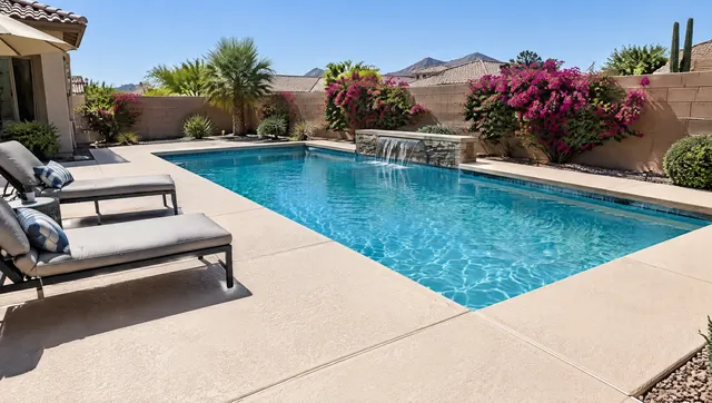 Backyard pool deck in Mesa, Arizona after resurfacing: smooth light sand-colored textured cool-deck surface wrapping a rectangular pool, clean expansion joints, lounge chairs and a block wall with bougainvillea