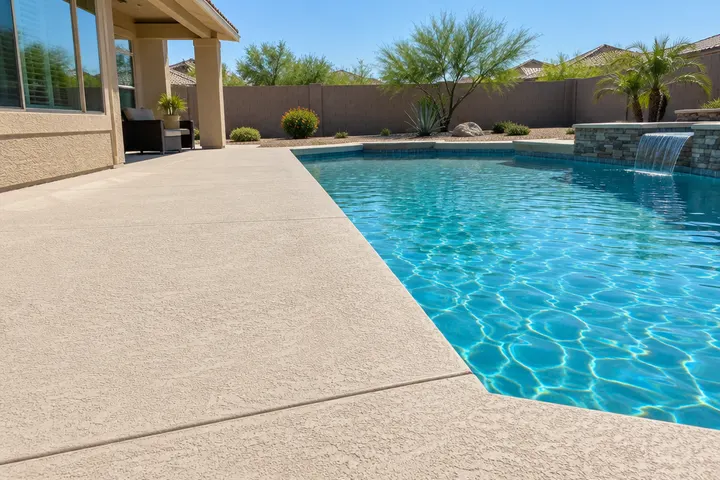 New light tan knockdown-texture cool deck surface beside a pool, crisp clean edges, bright sun