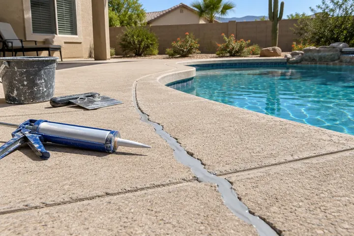 Concrete pool deck crack being routed and filled before an overlay, with a caulk gun resting nearby, no people