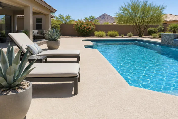 Finished resurfaced pool deck in light sand color with lounge chairs and potted agave beside a blue pool