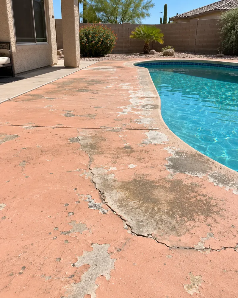 Cracked and stained old concrete pool deck with peeling salmon-colored cool deck coating next to a pool, before resurfacing