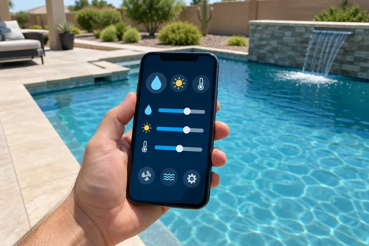 Hand holding a smartphone near a pool showing an abstract control screen with simple icons and sliders, no readable text, no face, pool in background