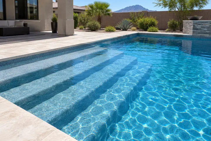 Remodeled pool shallow end with wide new entry steps and a bench seat, blue quartz finish under clear water, new coping