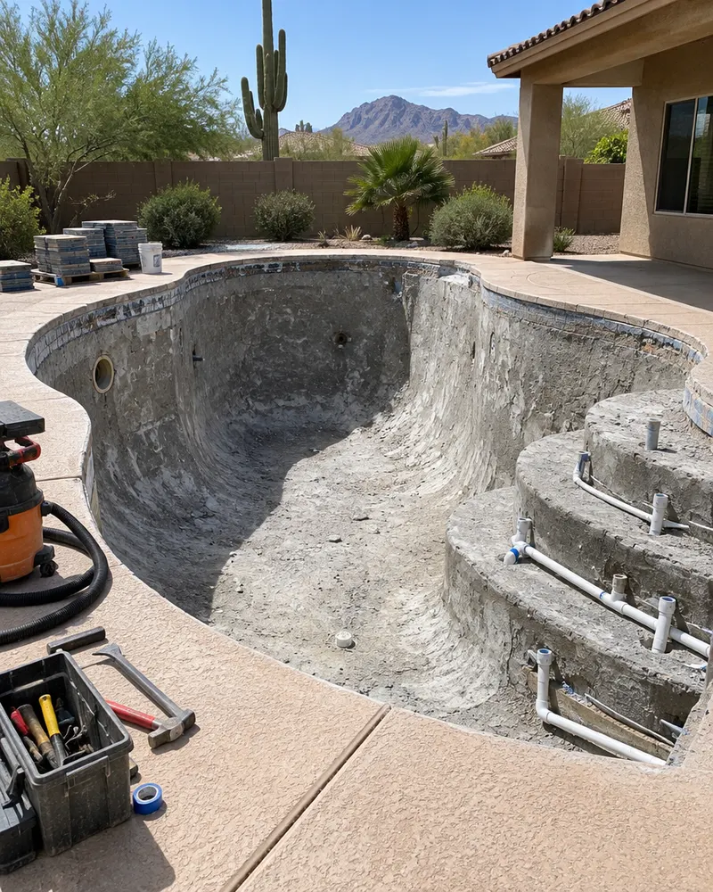 Residential pool mid-renovation in Arizona: drained shell with old plaster chipped off to bare gunite, old tile removed, new plumbing lines visible at the steps, tools neatly staged, no people