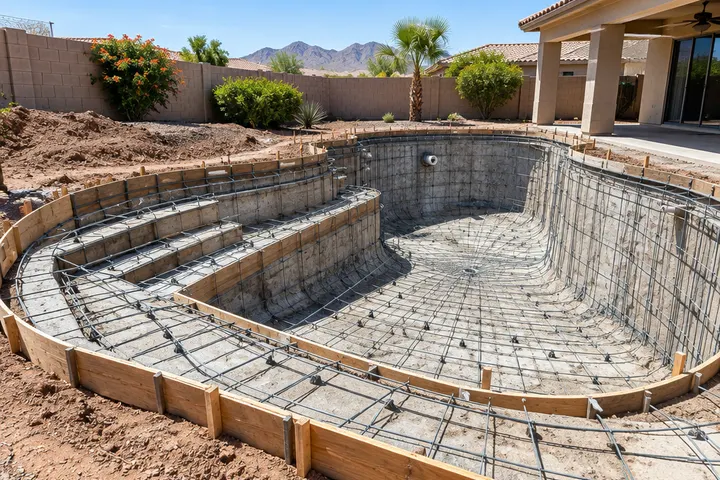 Residential pool being reshaped: new steel rebar and forms extending the shallow end to create new entry steps and a bench, drained pool