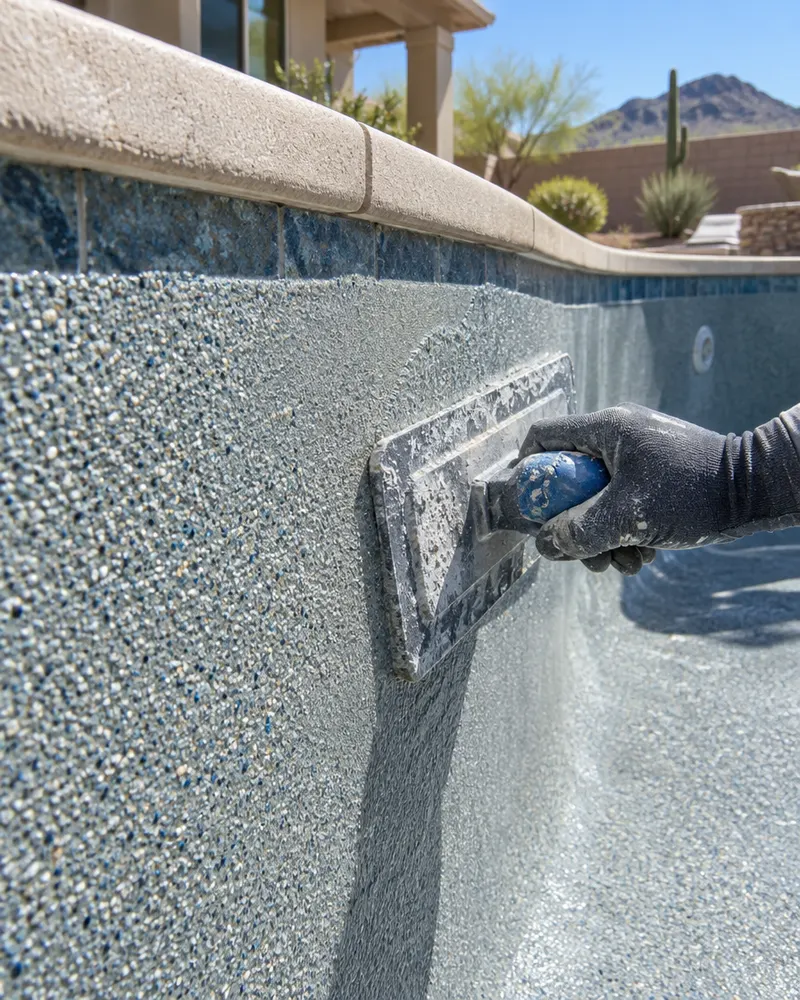 Close-up of a pool resurfacing trowel smoothing fresh quartz finish on a pool wall, gloved hand only, no face