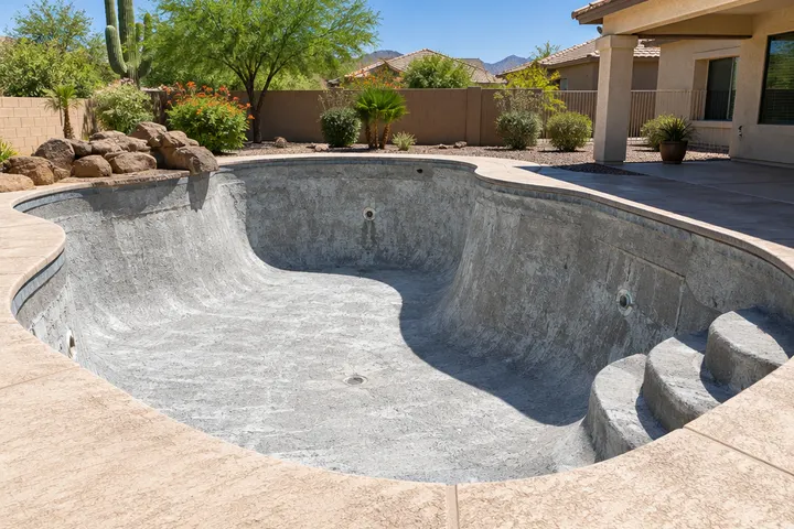 Drained pool with old plaster removed and the surface roughened and cleaned, ready for a new finish, crisp shadows
