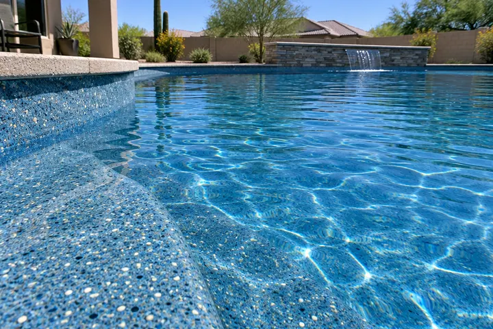Close-up of a quartz aggregate pool finish in medium blue with sparkling flecks under clear water
