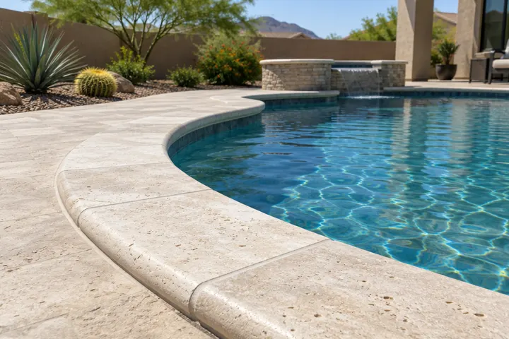 New light travertine bullnose coping stones set along a curved pool edge, fresh grout lines