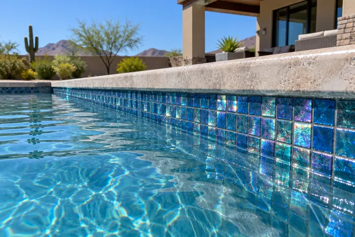 New iridescent blue glass mosaic waterline tile on a pool edge reflecting sunlight, water just below