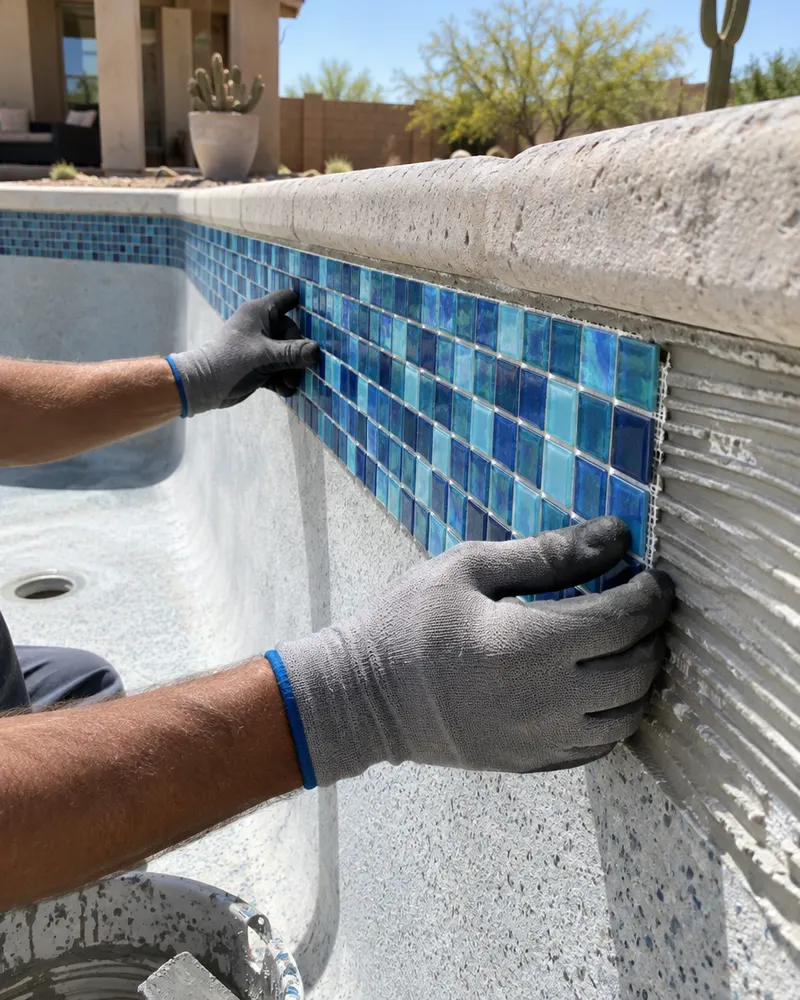 Gloved hands setting a new glass mosaic tile sheet along a pool waterline with thinset, drained pool, no face