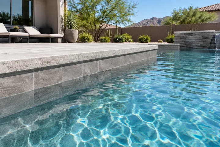 New stone-look porcelain waterline tile in warm gray along a residential pool, clear water