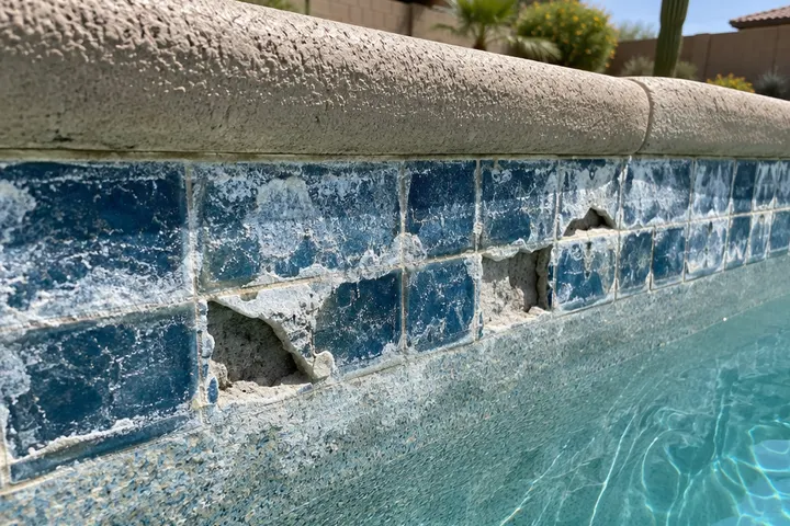 Old pool waterline tile with heavy white calcium scale buildup and missing pieces, close view