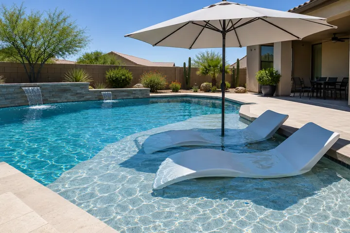 Shallow baja sun shelf in a residential pool with two in-water lounge chairs and an umbrella, clear blue water