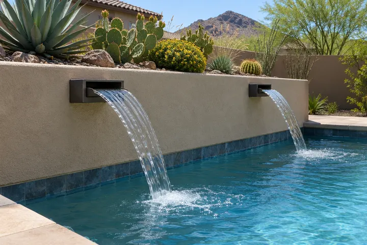 Pair of scupper water features pouring arcs of water from a raised stucco wall into a pool, desert plants on top of the wall